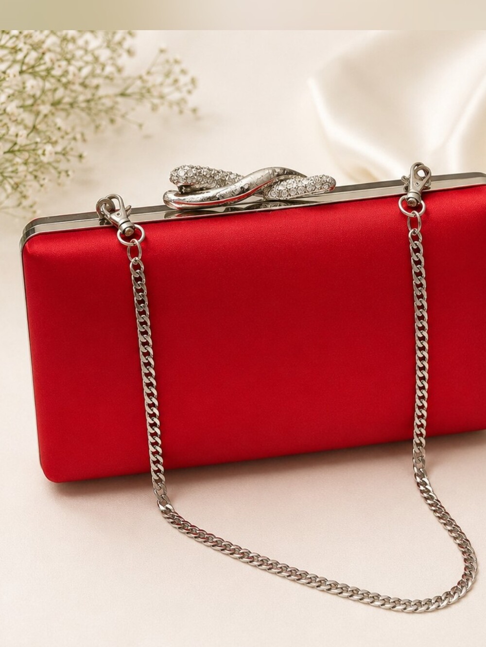 Elegant Red Satin Clutch with Silver Chain